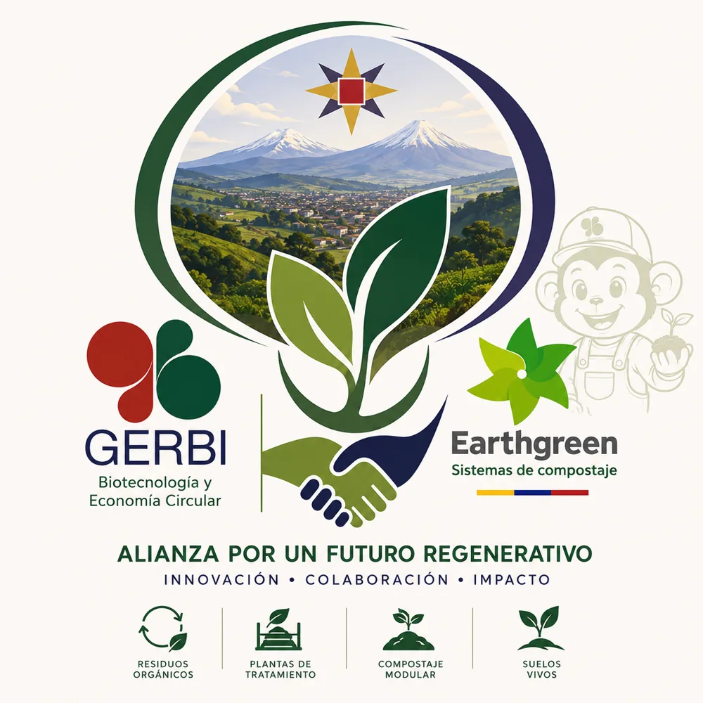 Emblema de la alianza: los volcanes Chiles y Cumbal sobre un valle andino, una planta que brota y un apretón de manos entre GERBI y Earthgreen