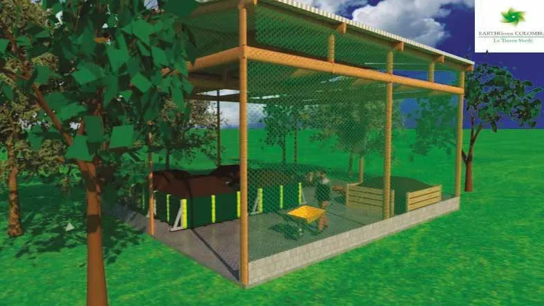 Render de una sala de compostaje con pilas mixtas bajo cubierta, rodeada de vegetación
