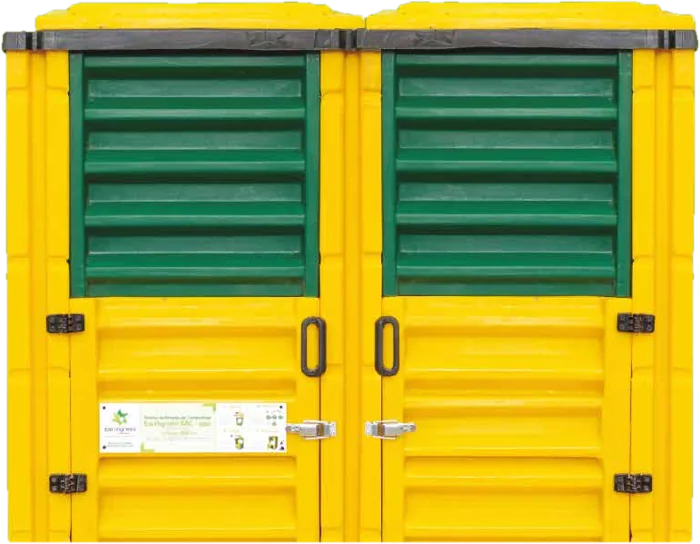 Compostador SAC-1500 de cuatro compartimientos, amarillo con persianas verdes