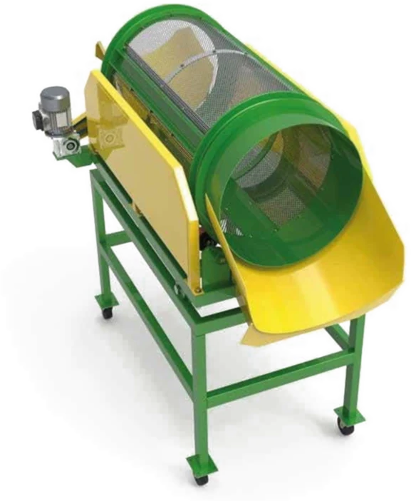 Zaranda circular tipo trommel con tambor amarillo y estructura verde